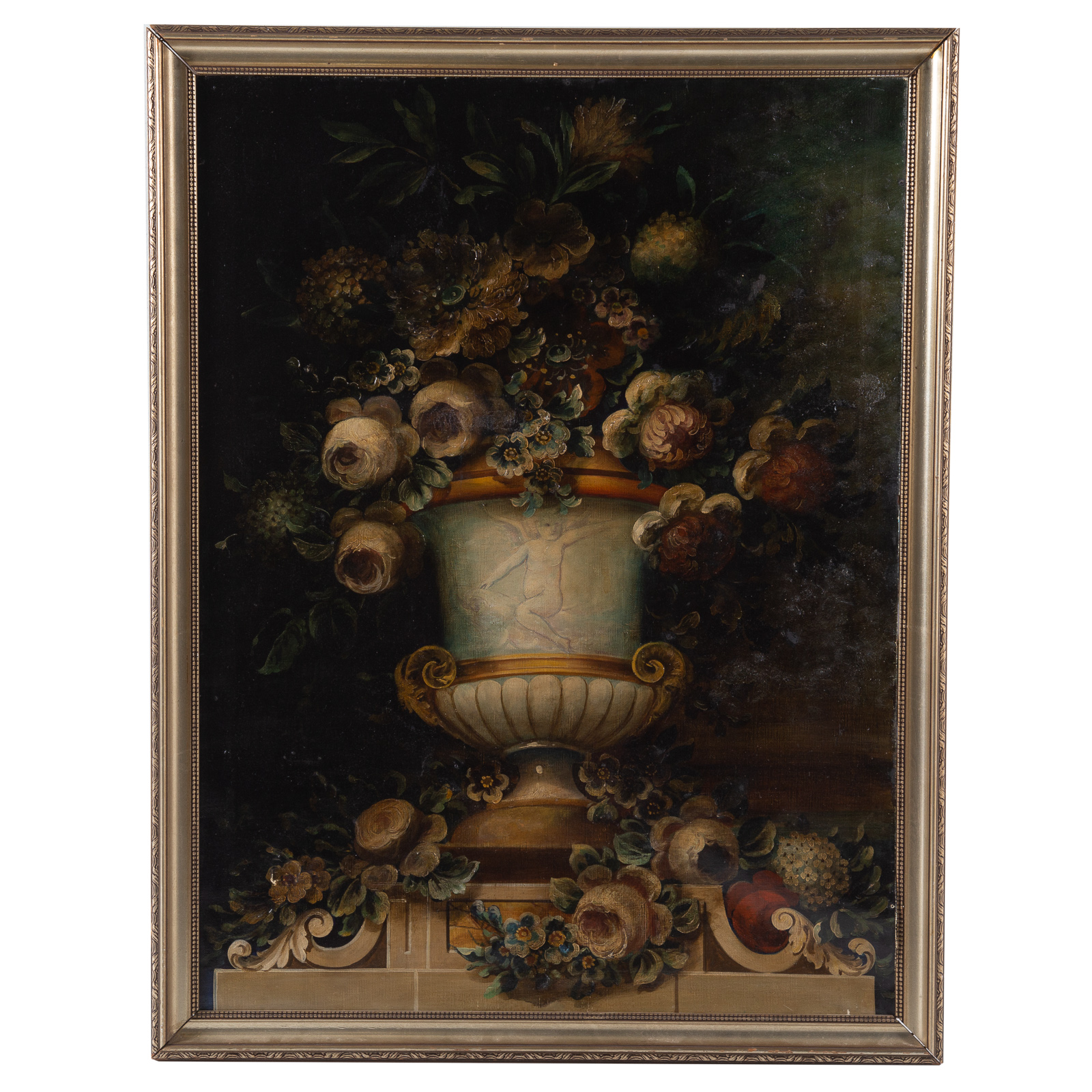 Appraisal: CONTINENTAL SCHOOL C URN WITH FLOWERS OIL Oil on canvas