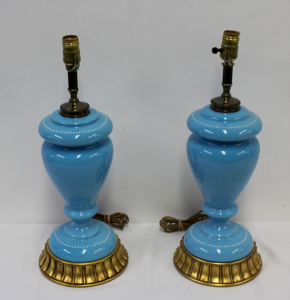 Appraisal: Pair of Antique Blue Glass Lamps Nice decorative pair of