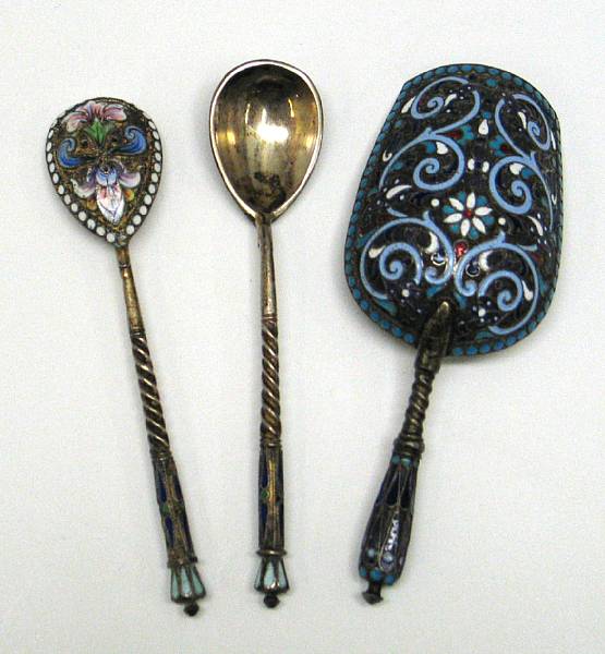 Appraisal: A group of three Russian standard silver-gilt and enamel spoonsMoscow