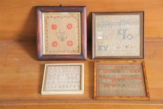 Appraisal: FOUR SMALL SAMPLERS One undated or signed with flower basket