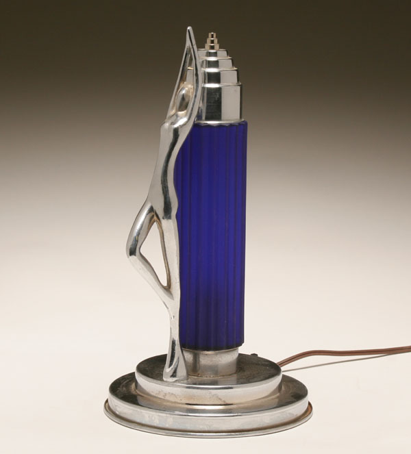 Appraisal: Art Deco chrome dancer skyscraper lamp with cobalt shade H