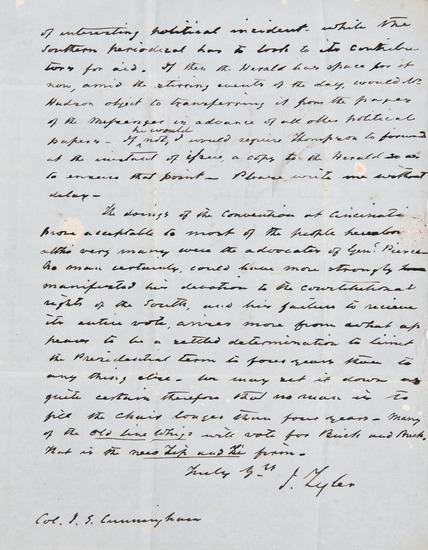 Appraisal: TYLER John Autograph letter signed to Colonel John S Cunningham