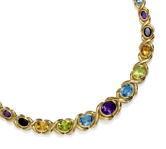 Appraisal: GEMSTONE AND GOLD NECKLACE Yellow gold Decorative necklace of graduated