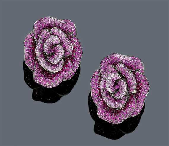 Appraisal: RUBY AND SAPPHIRE EAR STUD White gold black rhodinized Very