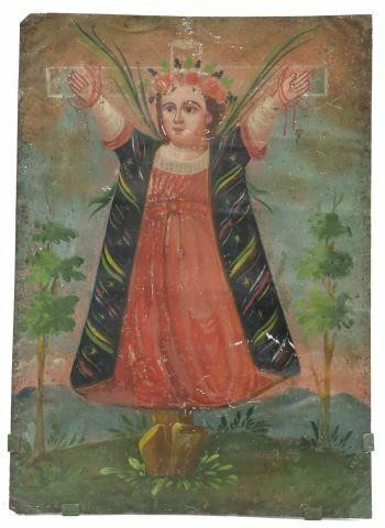 Appraisal: Unframed oil on tin retablo Mexico Santa Librada Virgen y