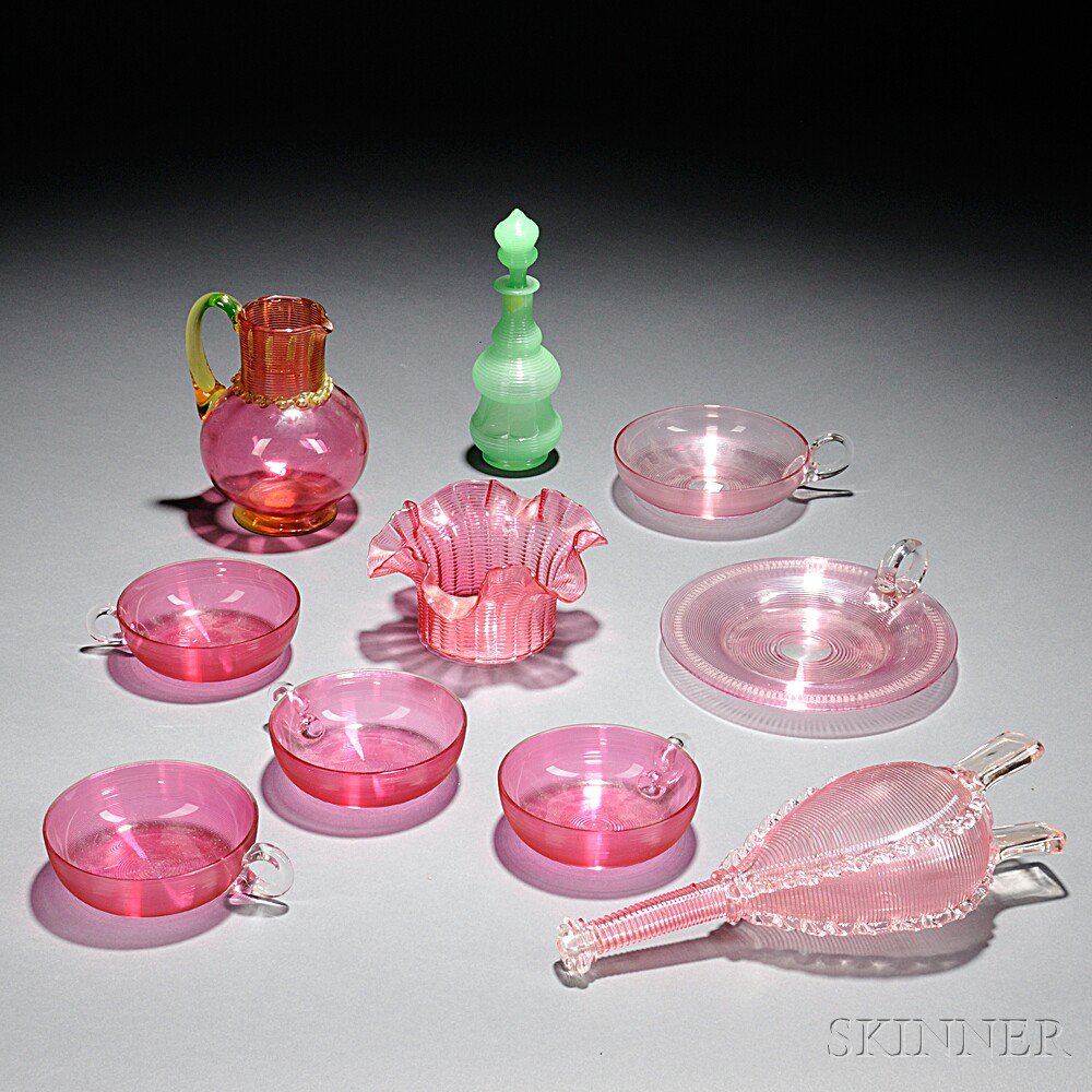 Appraisal: Ten Pieces of Threaded Glass Tableware late th century pink