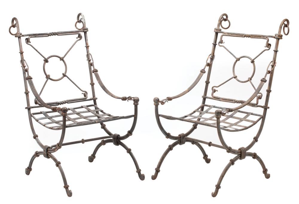 Appraisal: Pair of Wrought Iron Curule Armchairs in the Classical Taste