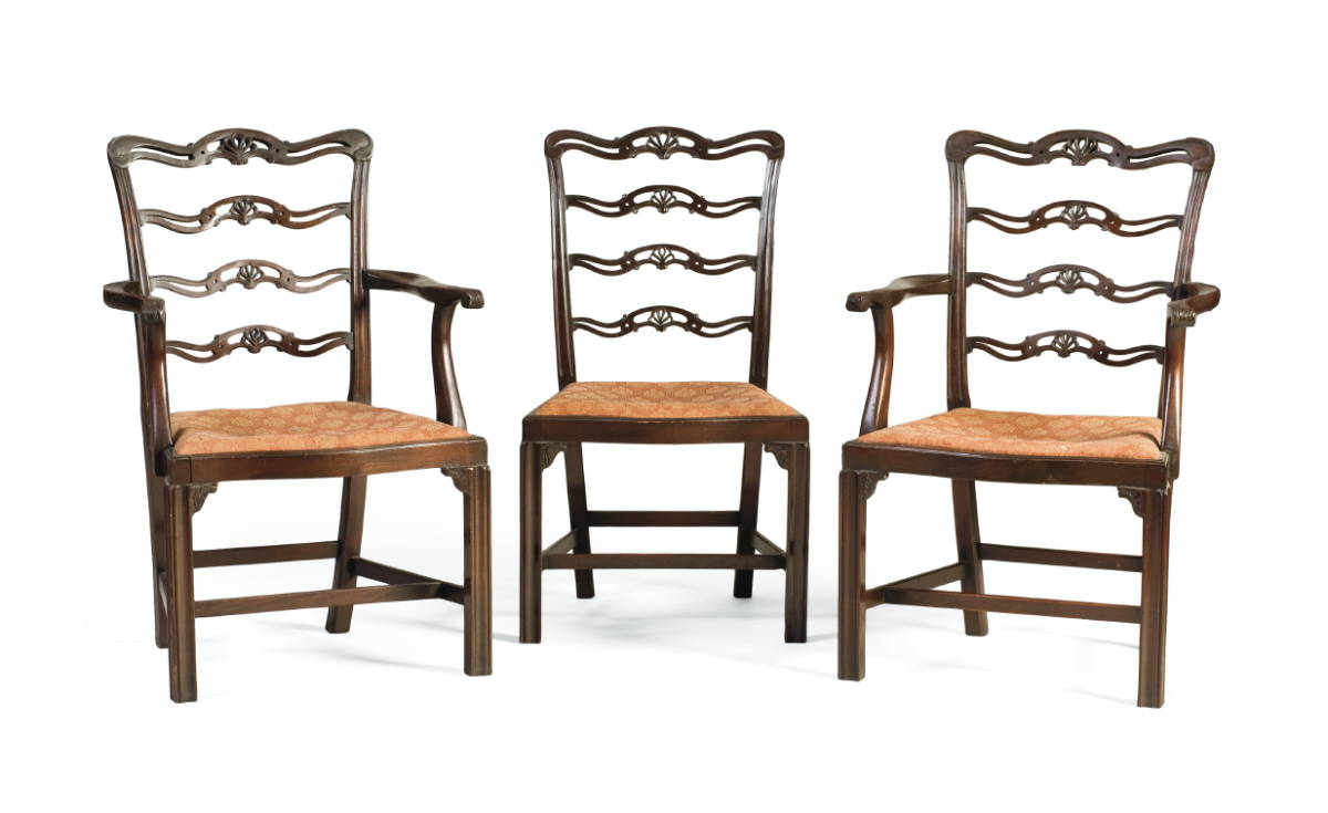 Appraisal: SET OF EIGHT ENGLISH CHIPPENDALE STYLE MAHOGANY LADDER-BACK DINING CHAIRS