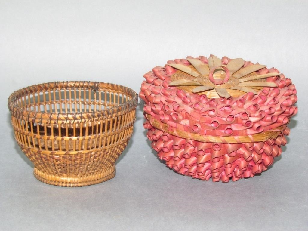 Appraisal: VINTAGE SEWING BASKETSred finely woven lidded basket no damage small