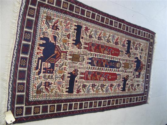 Appraisal: Pakistan pale ground rug woven with figures and animals etc