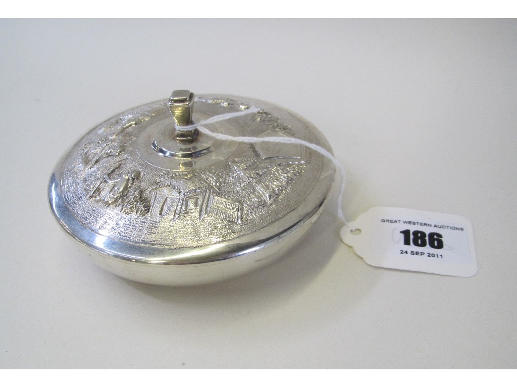 Appraisal: Sterling silver lidded dish embossed with African scenes