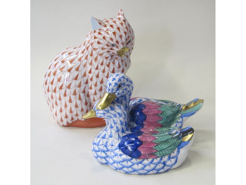 Appraisal: Herend cat with orange scale decoration and a duck group