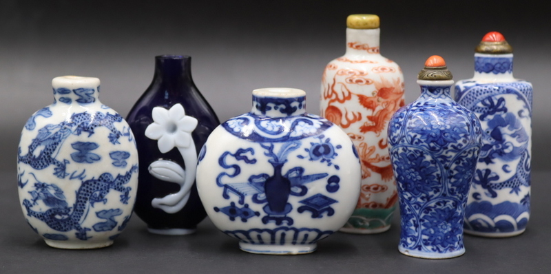 Appraisal: Signed Chinese Snuff Bottles Includes signed blue and white snuff