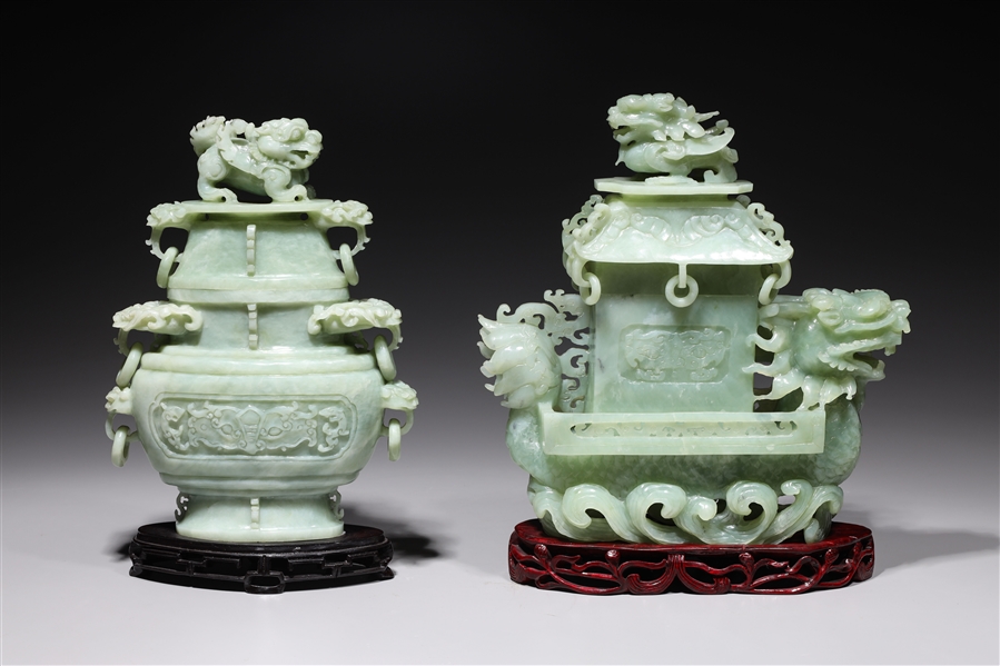 Appraisal: Two Chinese carved hardstone vases including covered vase of dragon