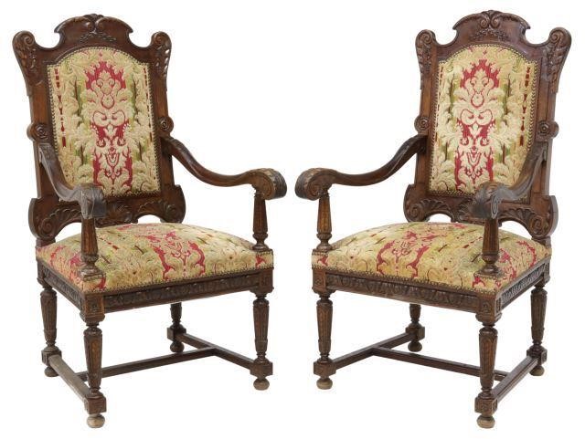 Appraisal: pair French Louis XIV style walnut armchairs late th c