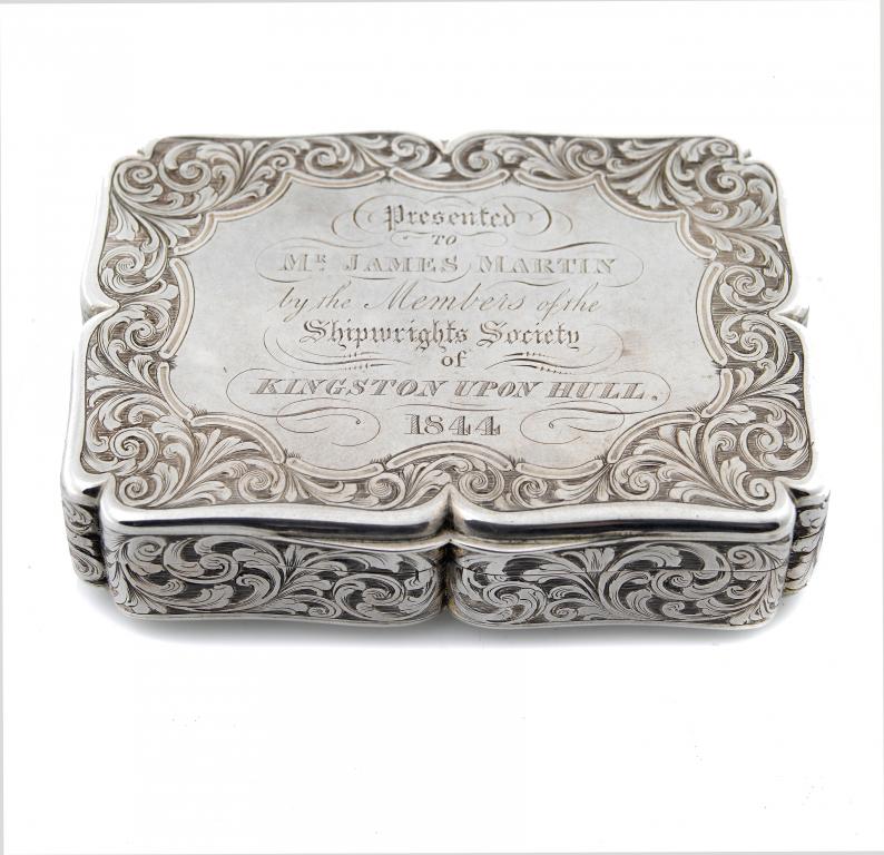 Appraisal: A VICTORIAN SILVER TESTIMONIAL SNUFF BOX of bomb moulded outline