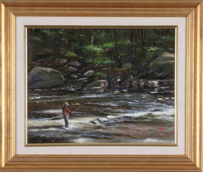 Appraisal: Fisherman at edge of river oil on canvas x SLR