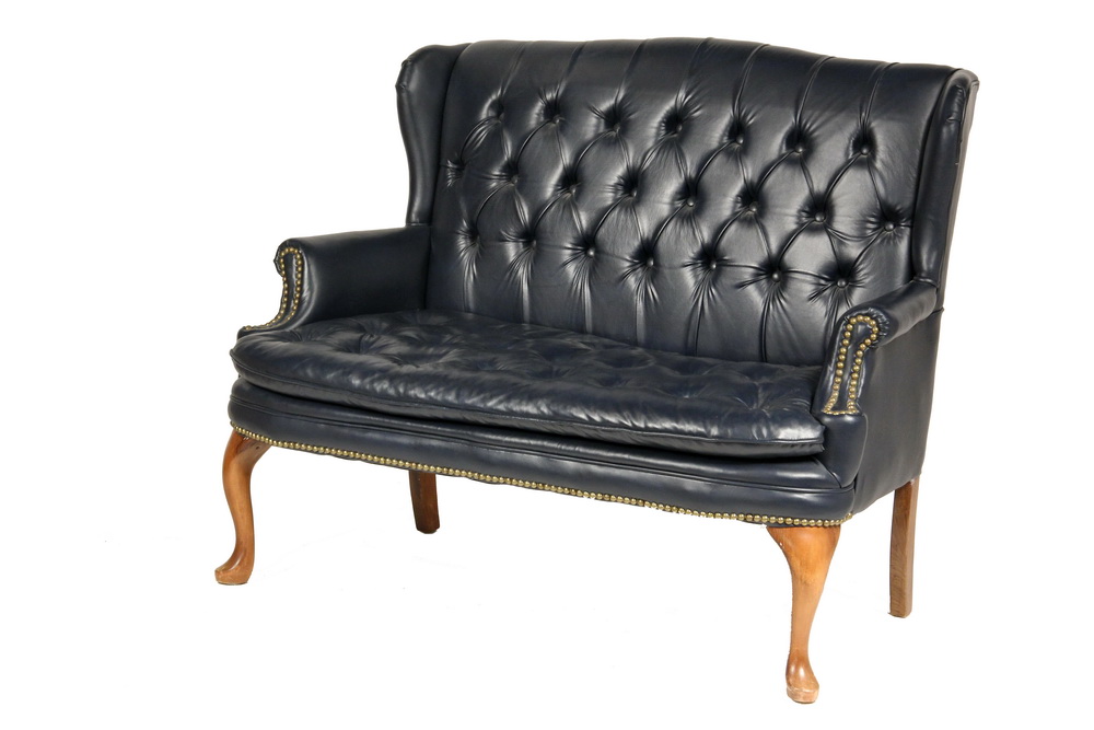 Appraisal: CHIPPENDALE STYLE SETTEE - Two-Seater in Button Tufted Blue Leather