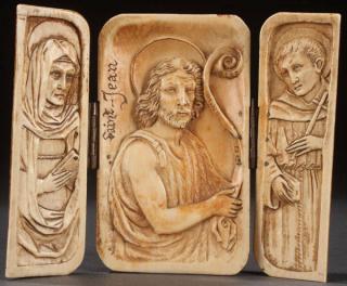 Appraisal: CARVED IVORY TRIPTYCH FRENCH TH TH C AN INTERESTING CARVED