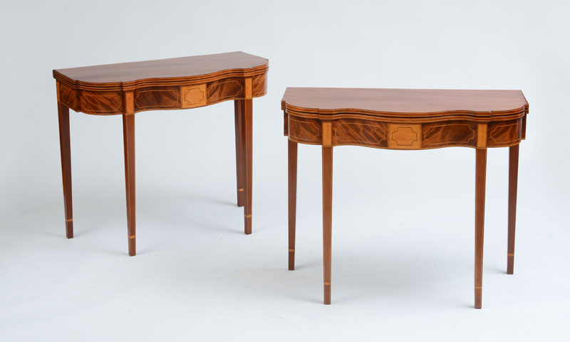 Appraisal: PAIR OF FEDERAL SERPENTINE-FRONT INLAID MAHOGANY CARD TABLES PHILADELPHIA C