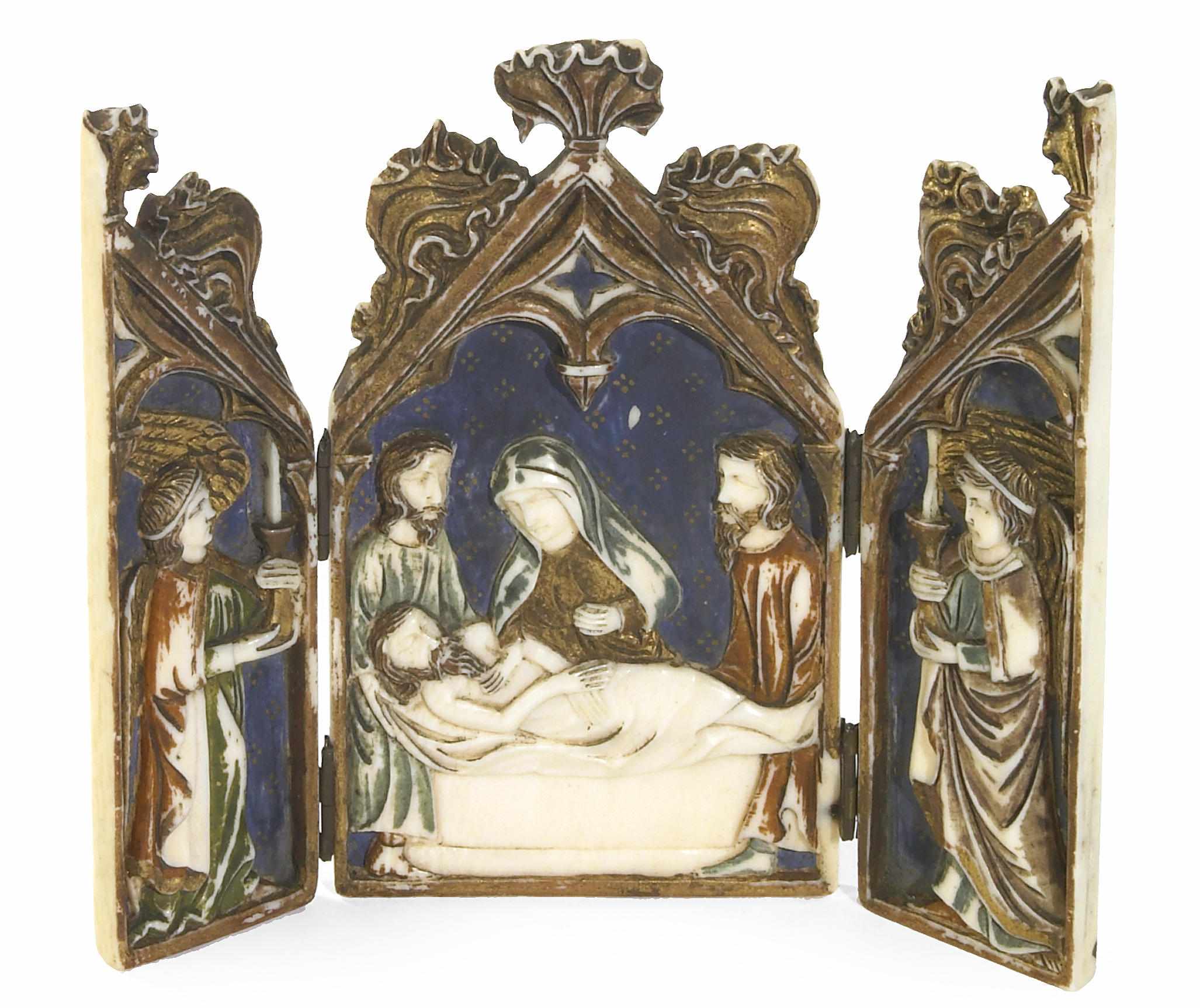 Appraisal: A Gothic Revival carved ivory and polychrome triptych depicting the