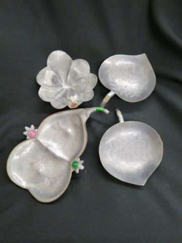 Appraisal: Jade and Gem Set Chinese Pewter Dishes leaf forms largest