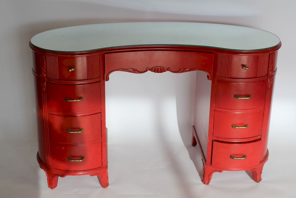 Appraisal: Vintage Red Painted Mirror Top Kidney Shape Desk From a