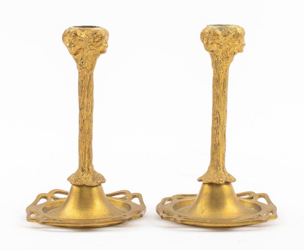 Appraisal: ART NOUVEAU GILT BRONZE CANDLESTICKS PAIR Pair of Art Nouveau