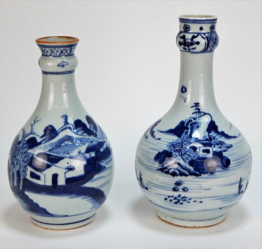 Appraisal: CHINESE BLUE AND WHITE LANDSCAPE BOTTLE VASES China th CenturyEach