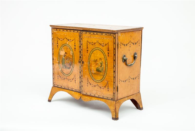 Appraisal: George III Style Brass-Mounted Painted and Inlaid Two-Door Table-Top Cabinet