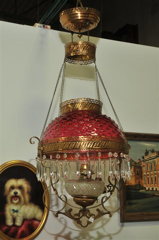 Appraisal: HANGING HALL LIGHT Brass frame having a cranberry hobnail shade