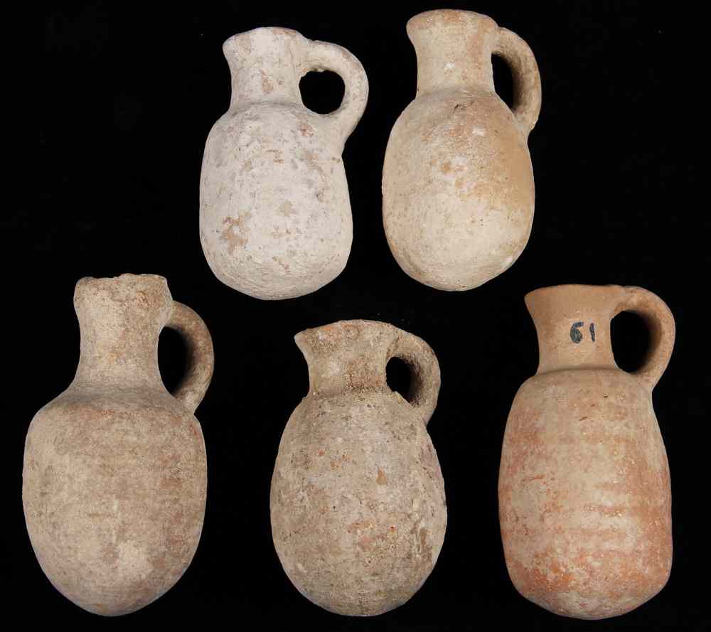 Appraisal: ANCIENT POTTERY JUGS - Five Small Terra Cotta Jugs with