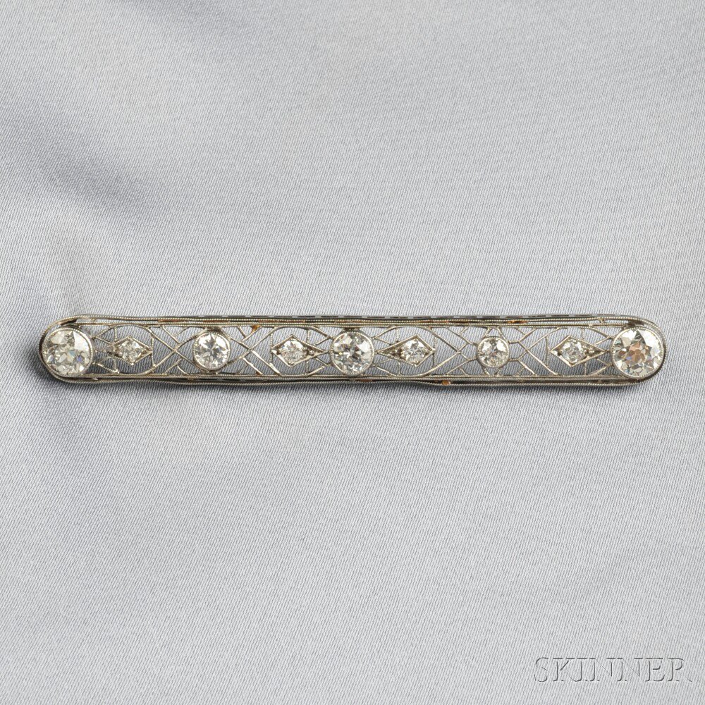 Appraisal: Art Deco Platinum and Diamond Bar Pin bead- and bezel-set