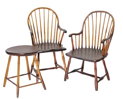 Appraisal: Two sackback Windsor armchairs and a Windsor stand pennsylvania late