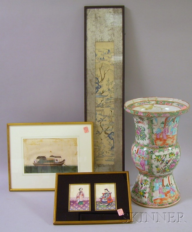 Appraisal: Three Framed Chinese Works and a Chinese Export Porcelain Rose