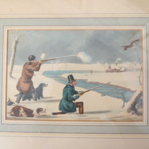 Appraisal: Early Handcolored Engraving of Hunters in Winter image area x