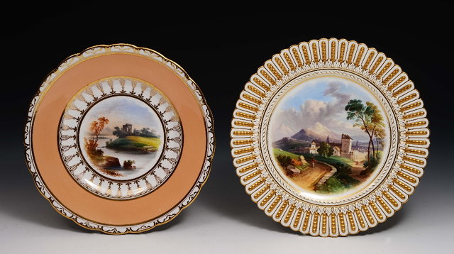 Appraisal: An English porcelain cabinet platepossible Ridgeway painted with continental mountain