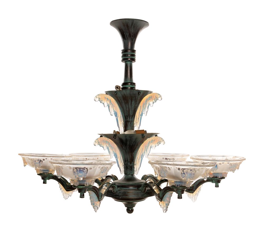 Appraisal: A French Frosted Glass and Patinated Metal Icicle Chandelier in