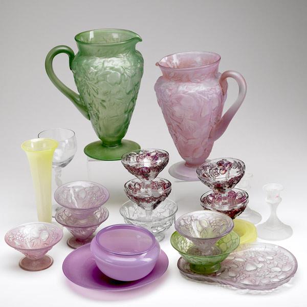 Appraisal: th C GLASS GROUPING Twenty-one pieces includes molded fruit-decorated pitchers