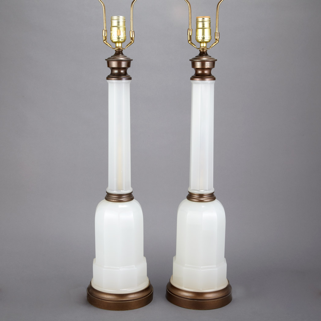 Appraisal: Pair of Metal Mounted White Opaline Glass Lamps Each of