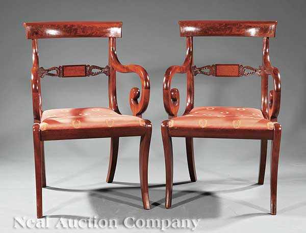 Appraisal: A Pair of American Classical Carved and Inlaid Mahogany Armchairs