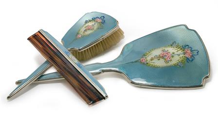 Appraisal: Three-Piece Blue Guilloche Enamel Lady's Dresser Set Estimate -