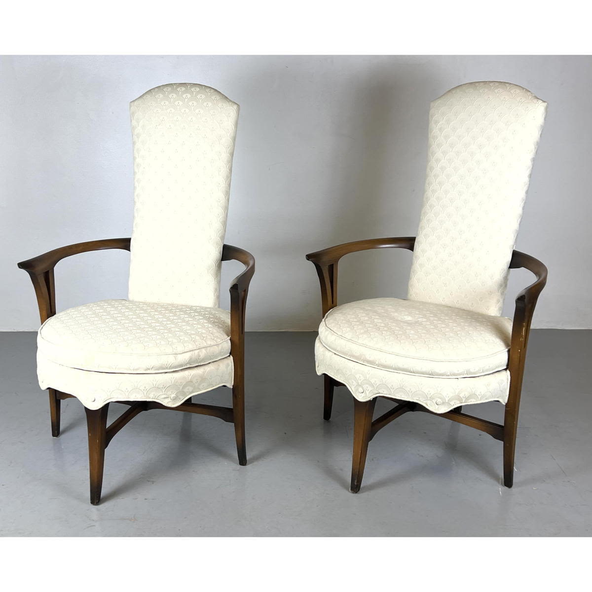 Appraisal: Pr Tall Back Upholstered Arm Chairs Curved Arm Wood Frames