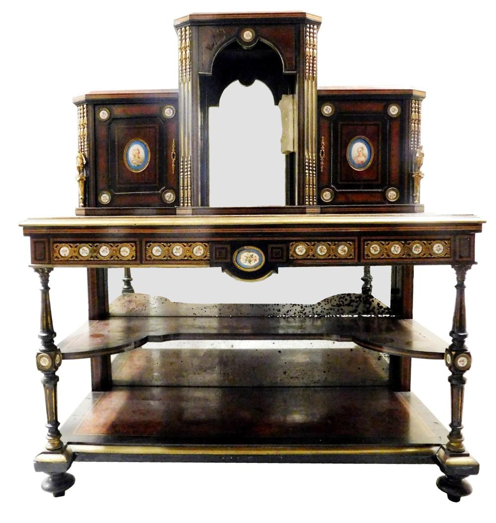 Appraisal: Napoleon III ormolu and Sevres-style porcelain mounted burl veneer and