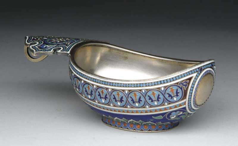 Appraisal: FINE RUSSIAN SILVER AND ENAMELED KOVSH Handle clearly marked with