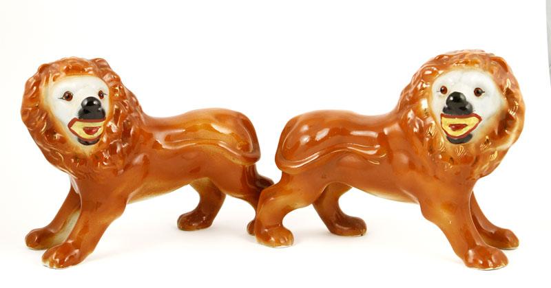 Appraisal: - Pair of English Staffordshire Lions Pair of English Staffordshire