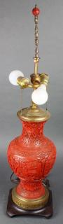 Appraisal: Chinese Cinnabar Vase Lamp Chinese cinnabar lacquered vase mounted as