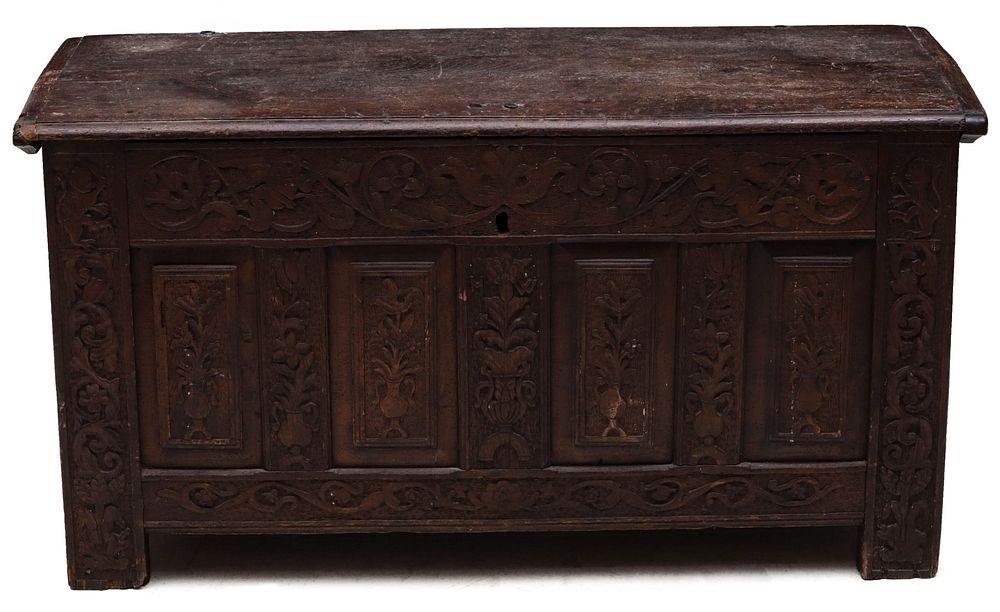 Appraisal: A TH CENTURY CARVED AND PANELED OAK COFFER The paneled