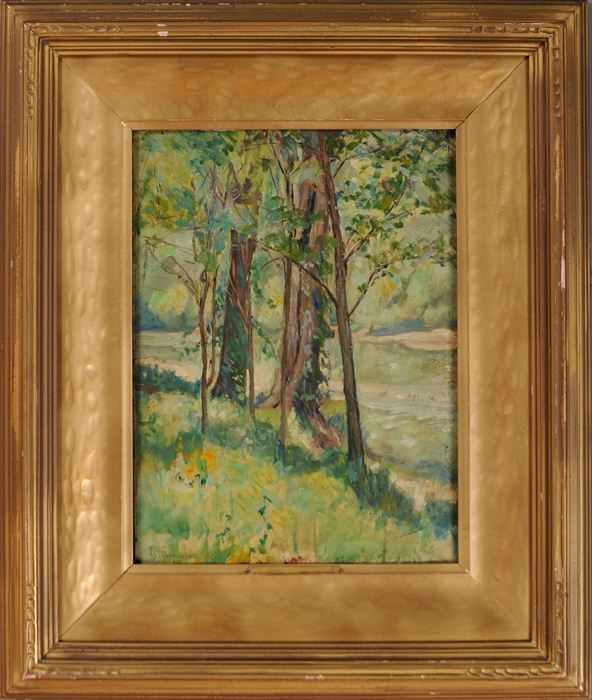 Appraisal: AMERICAN SCHOOL WOODLAND SCENE Oil on panel signed lower left