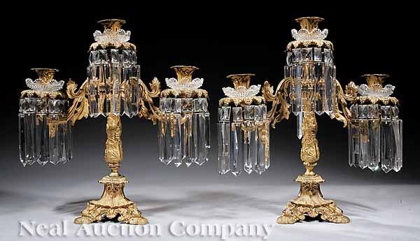 Appraisal: A Pair of American Gilt Bronze and Pressed Glass Three-Light